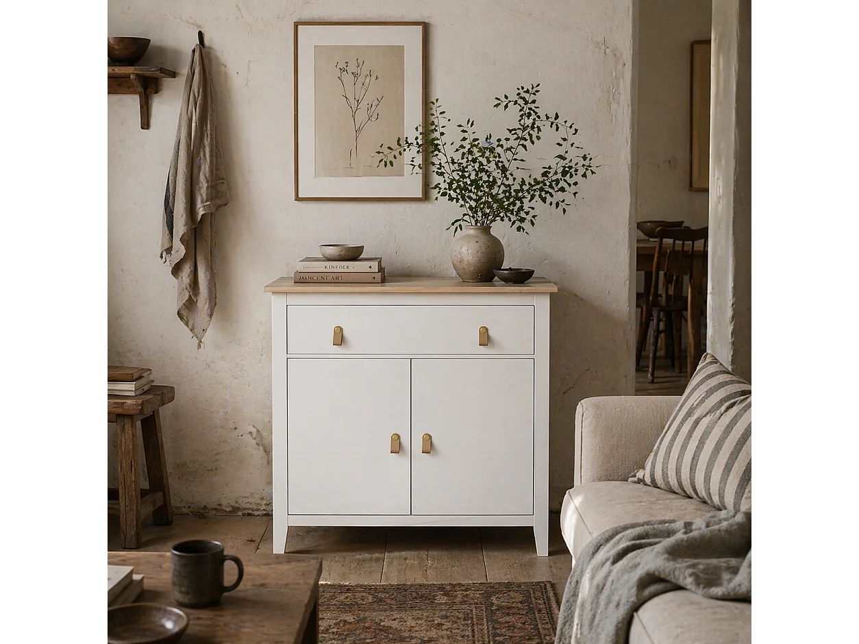 Kesora Lela Farmhouse Sideboard White Body with Oak Effect Top