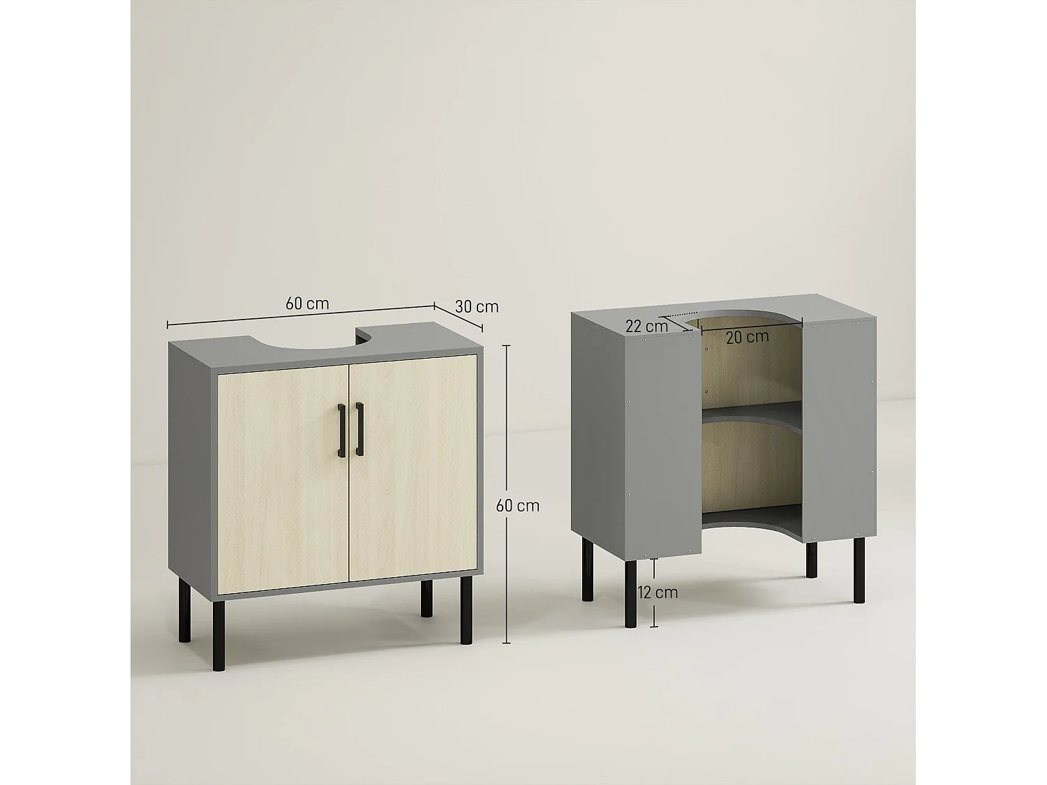 Nabavi Natural Finish Under Sink Vanity Cabinet 60cm Double Doors with Internal Shelf