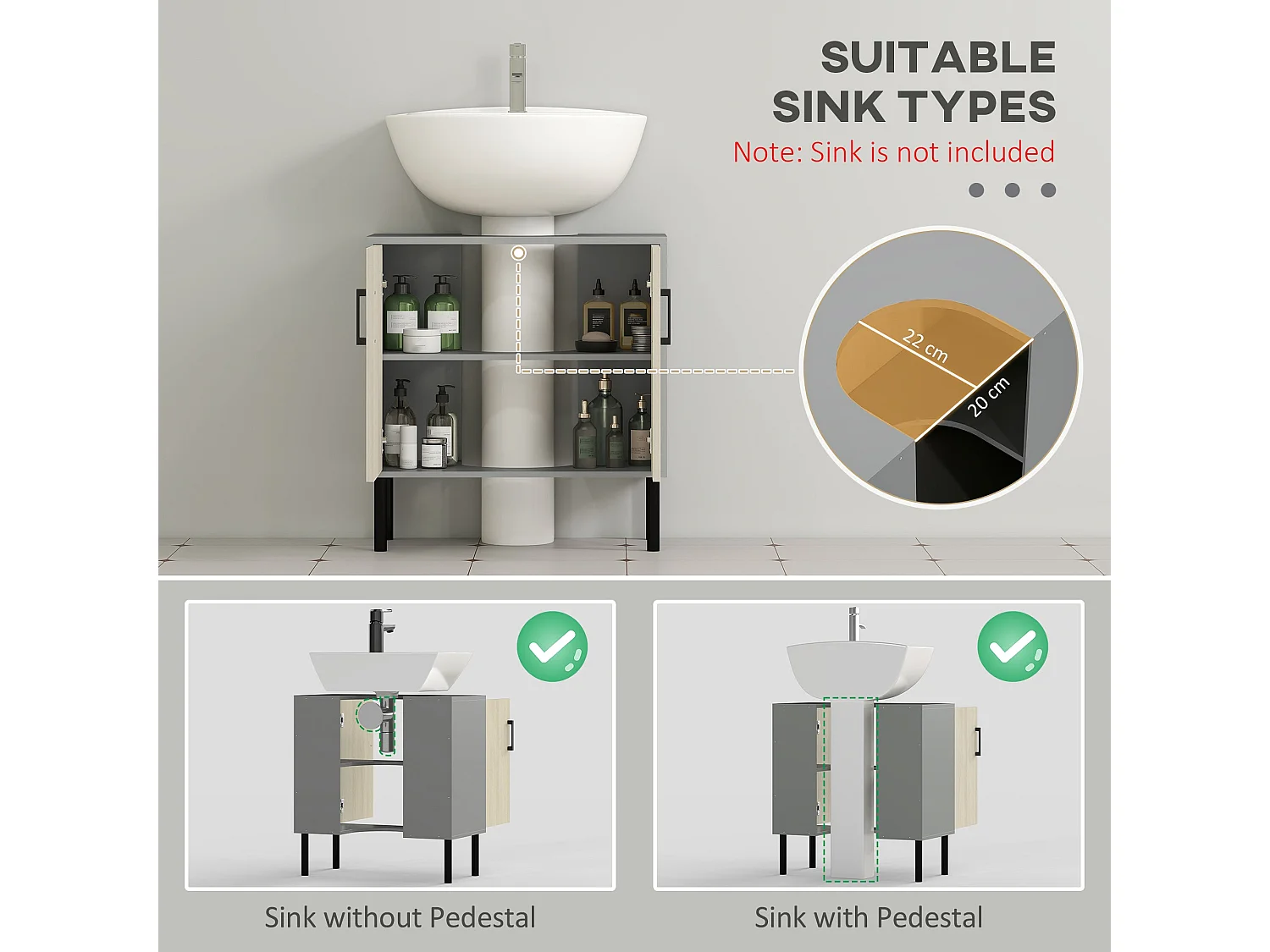 Nabavi Natural Finish Under Sink Vanity Cabinet 60cm Double Doors with Internal Shelf