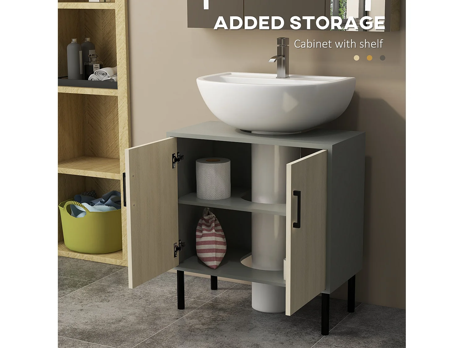 Nabavi Natural Finish Under Sink Vanity Cabinet 60cm Double Doors with Internal Shelf