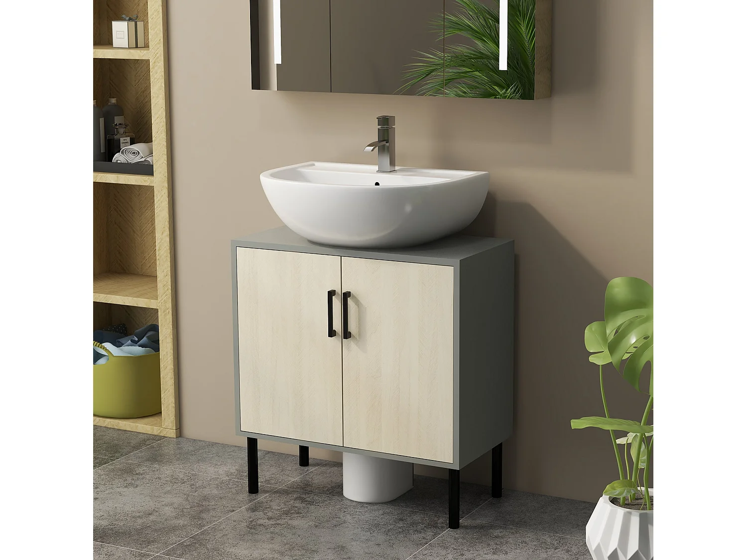 Nabavi Natural Finish Under Sink Vanity Cabinet 60cm Double Doors with Internal Shelf