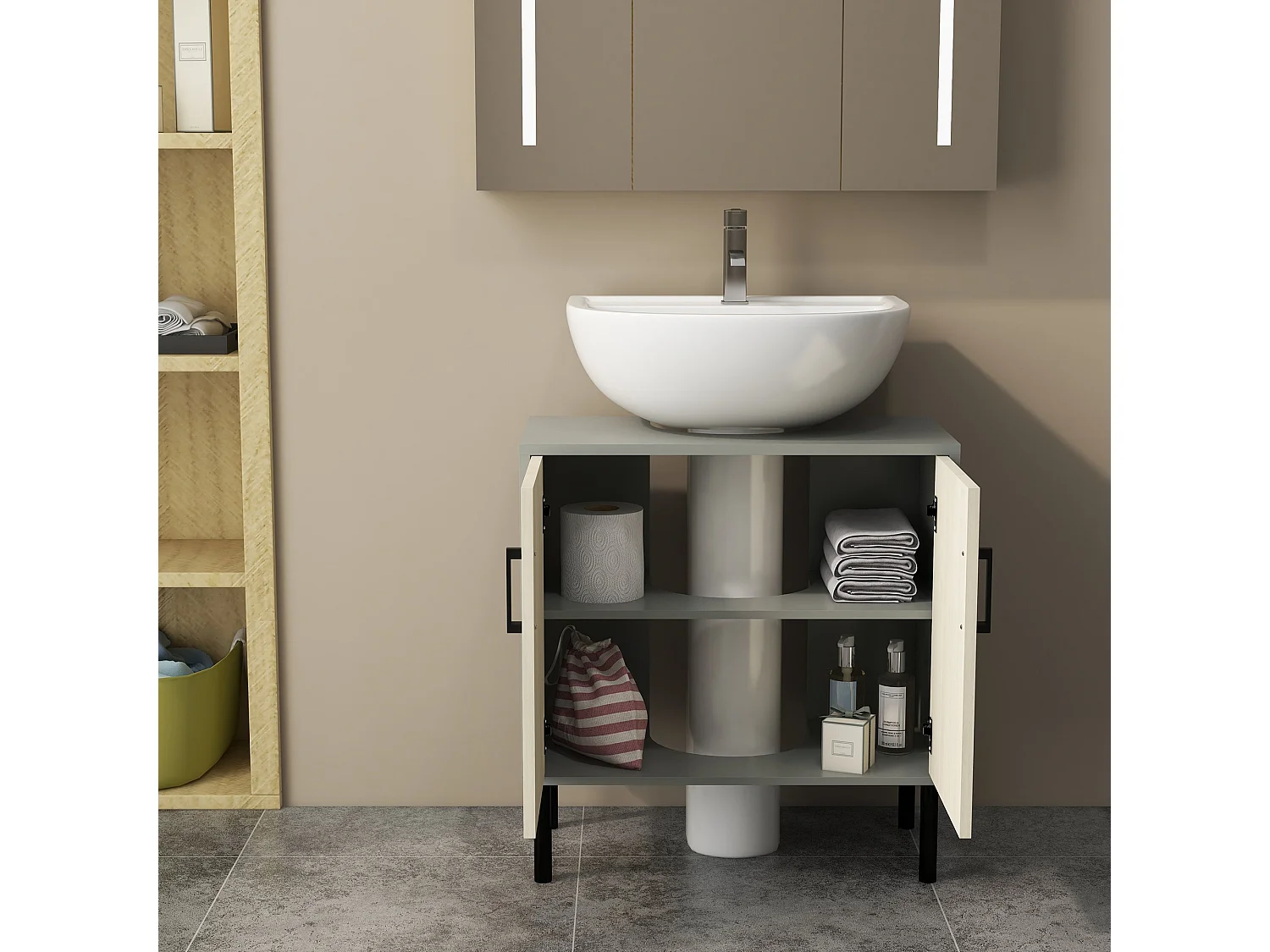 Nabavi Natural Finish Under Sink Vanity Cabinet 60cm Double Doors with Internal Shelf