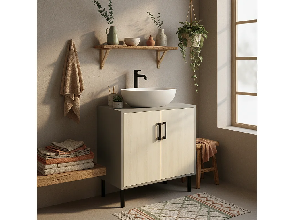 Nabavi Natural Finish Under Sink Vanity Cabinet 60cm Double Doors with Internal Shelf
