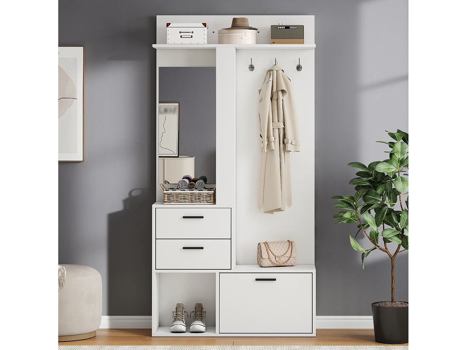 Eingangsgarderobe-Set - mit 2 Schubladen und 1 Schuhregal - 3 Haken und 1 Spiegel - verstellbare Regale - MDF - Weiß