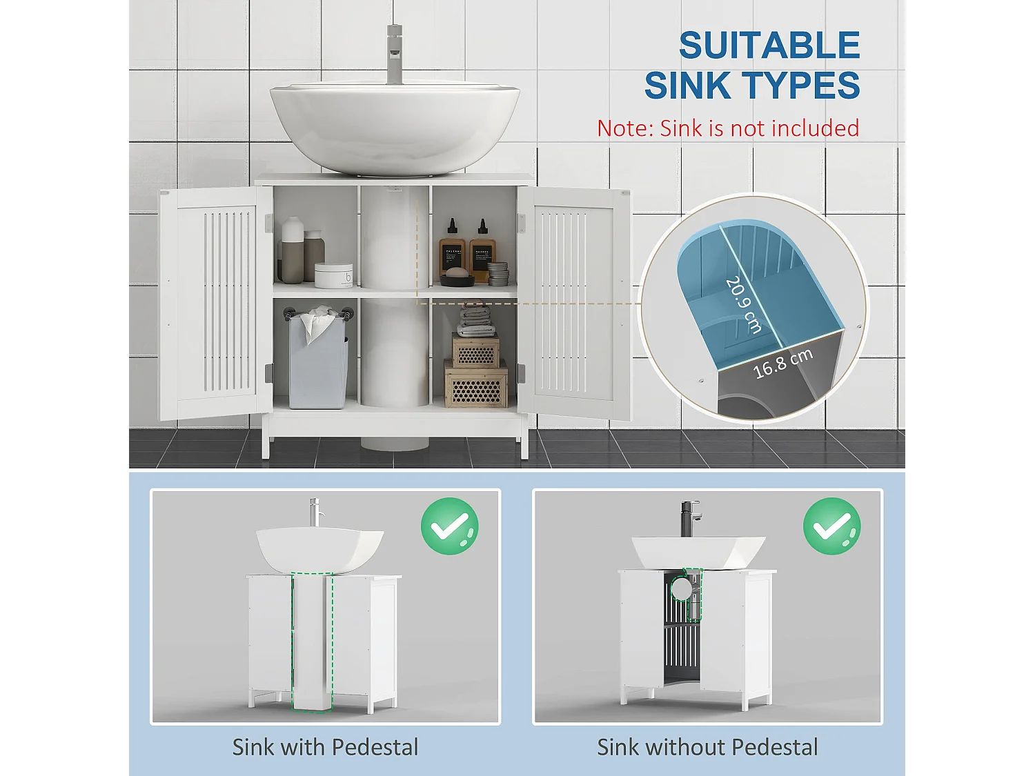 Novaso 60cm White Under Sink Vanity Unit Double Doors Adjustable Shelf