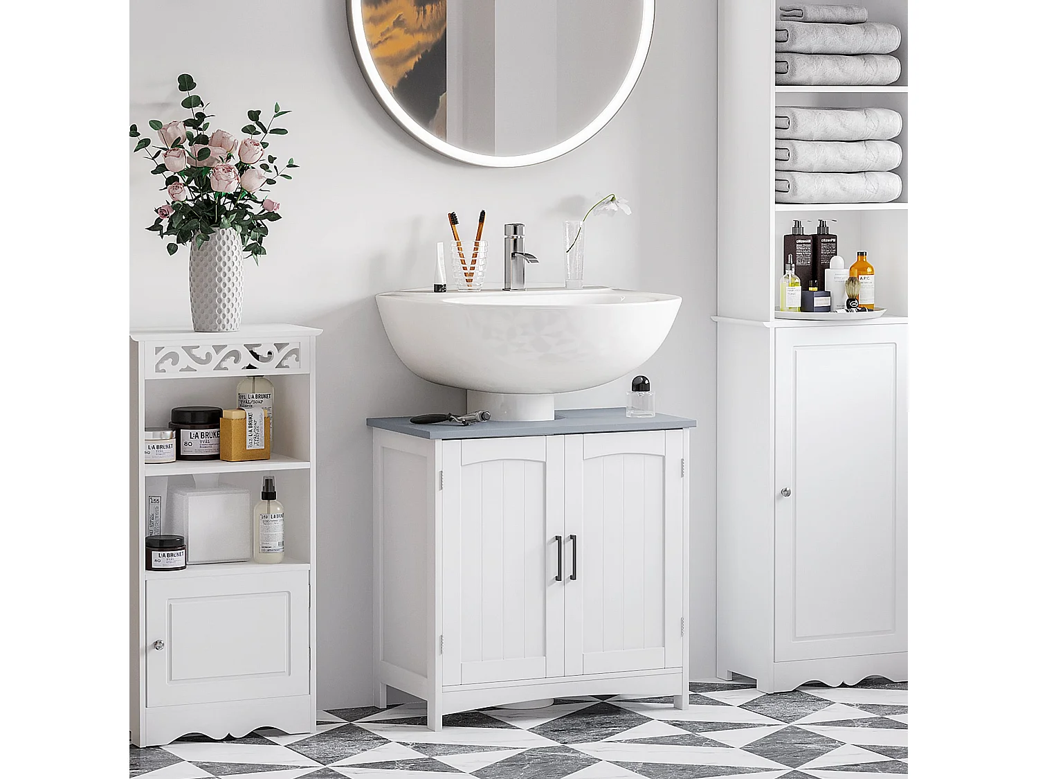 Nebama White and Grey Pedestal Sink Vanity Cupboard with Adjustable Shelving