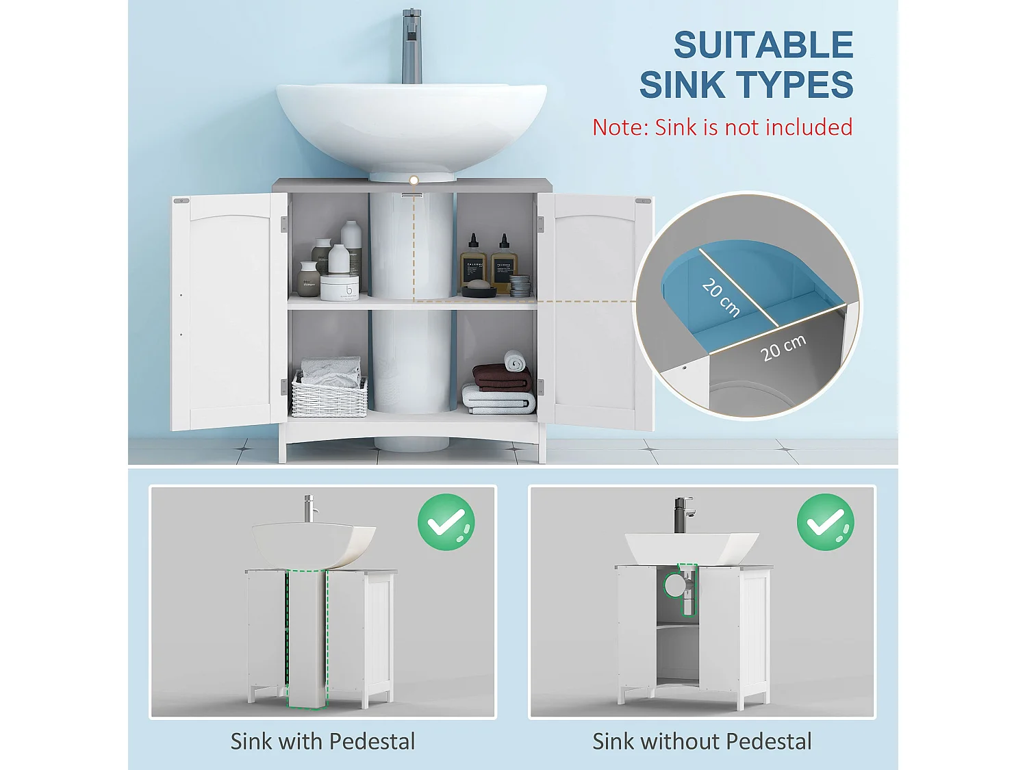 Nebama White and Grey Pedestal Sink Vanity Cupboard with Adjustable Shelving