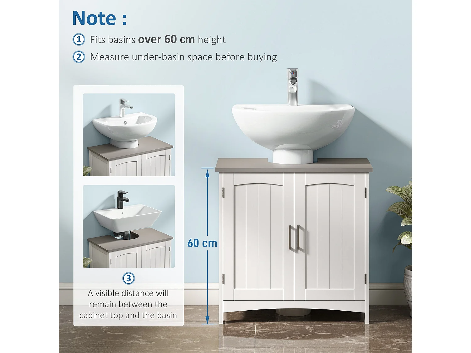 Nebama White and Grey Pedestal Sink Vanity Cupboard with Adjustable Shelving