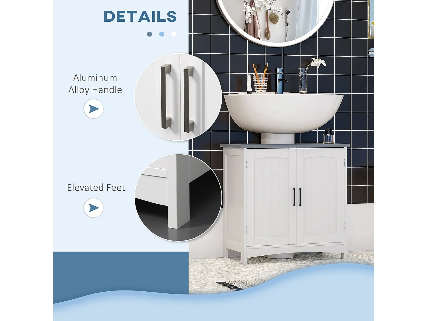 Nebama White and Grey Pedestal Sink Vanity Cupboard with Adjustable Shelving