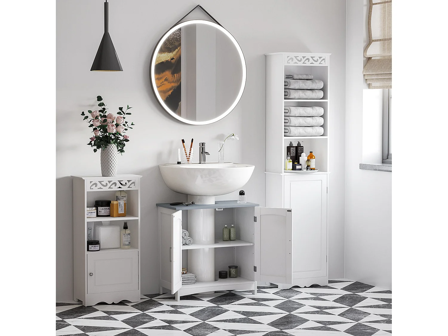 Nebama White and Grey Pedestal Sink Vanity Cupboard with Adjustable Shelving