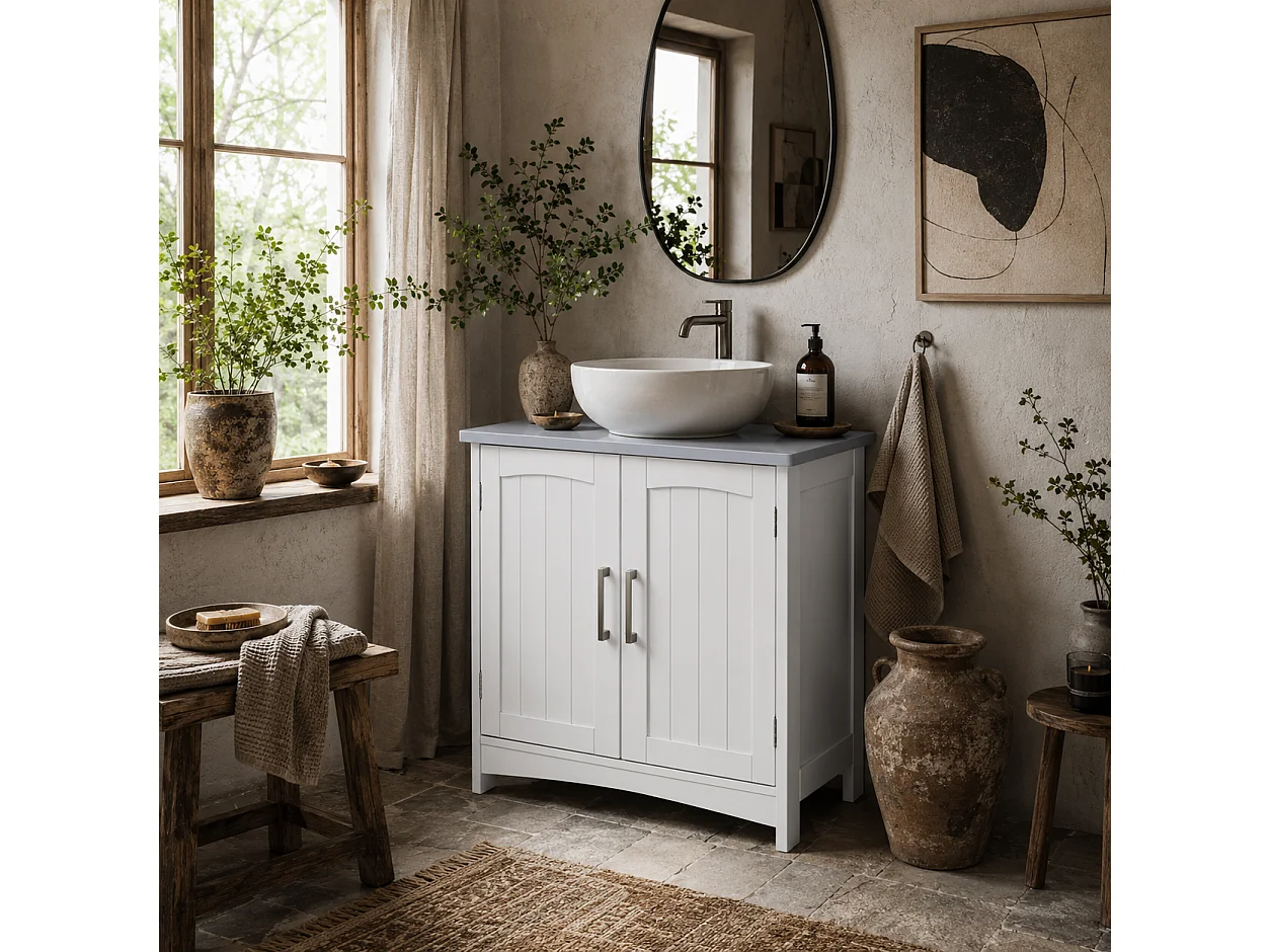 Nebama White and Grey Pedestal Sink Vanity Cupboard with Adjustable Shelving
