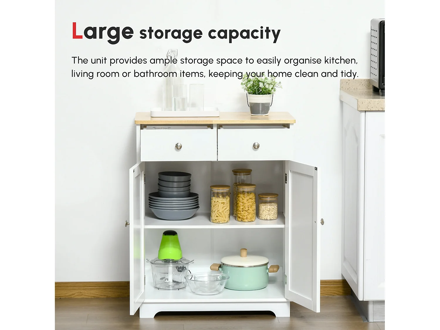 Colalu Wooden Kitchen Cabinet with Natural Solid Top 2 Doors 2 Drawers