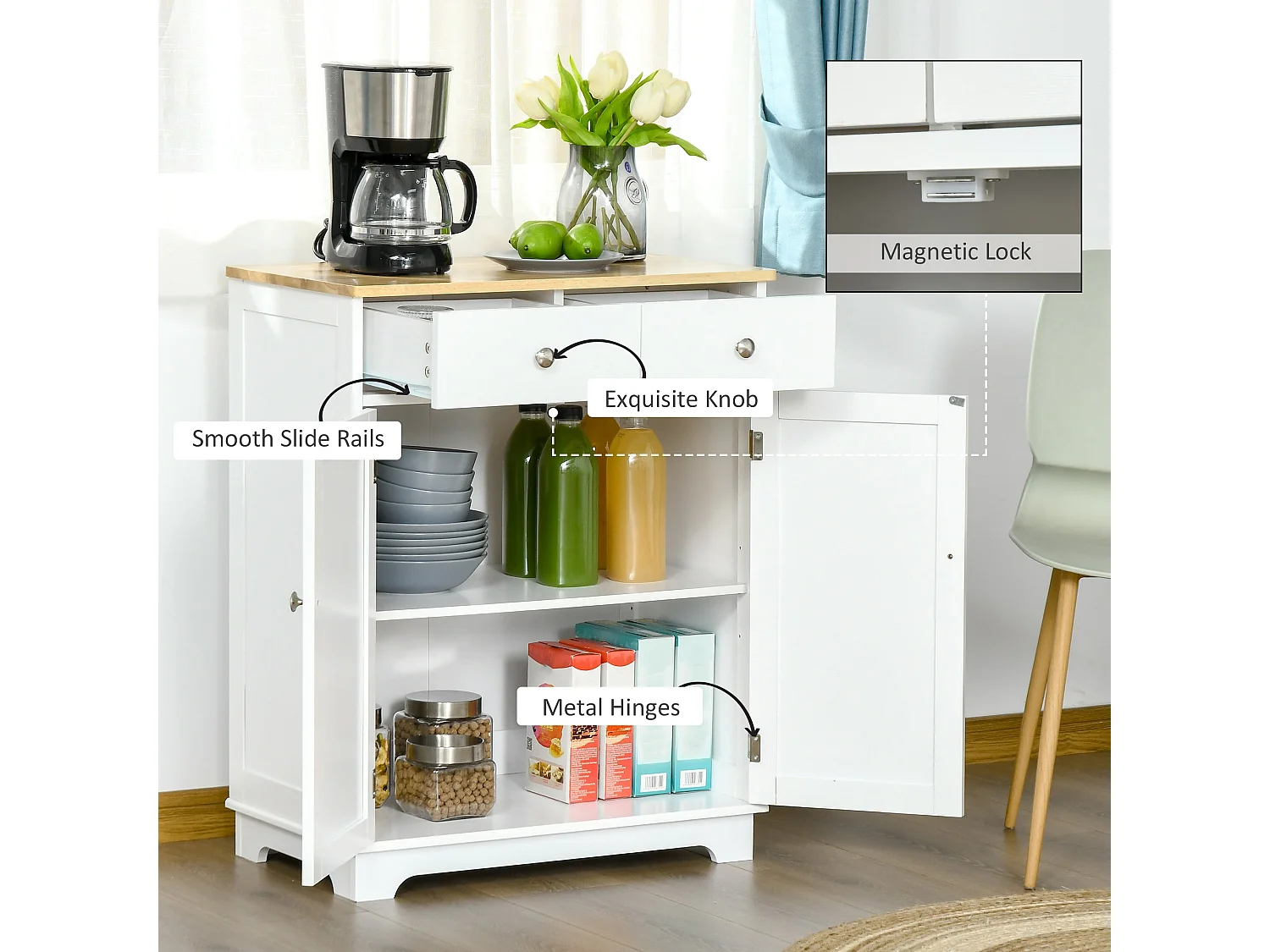 Colalu Wooden Kitchen Cabinet with Natural Solid Top 2 Doors 2 Drawers