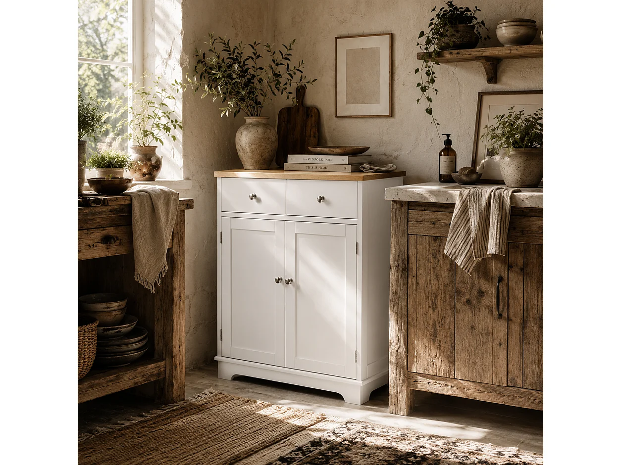 Colalu Wooden Kitchen Cabinet with Natural Solid Top 2 Doors 2 Drawers