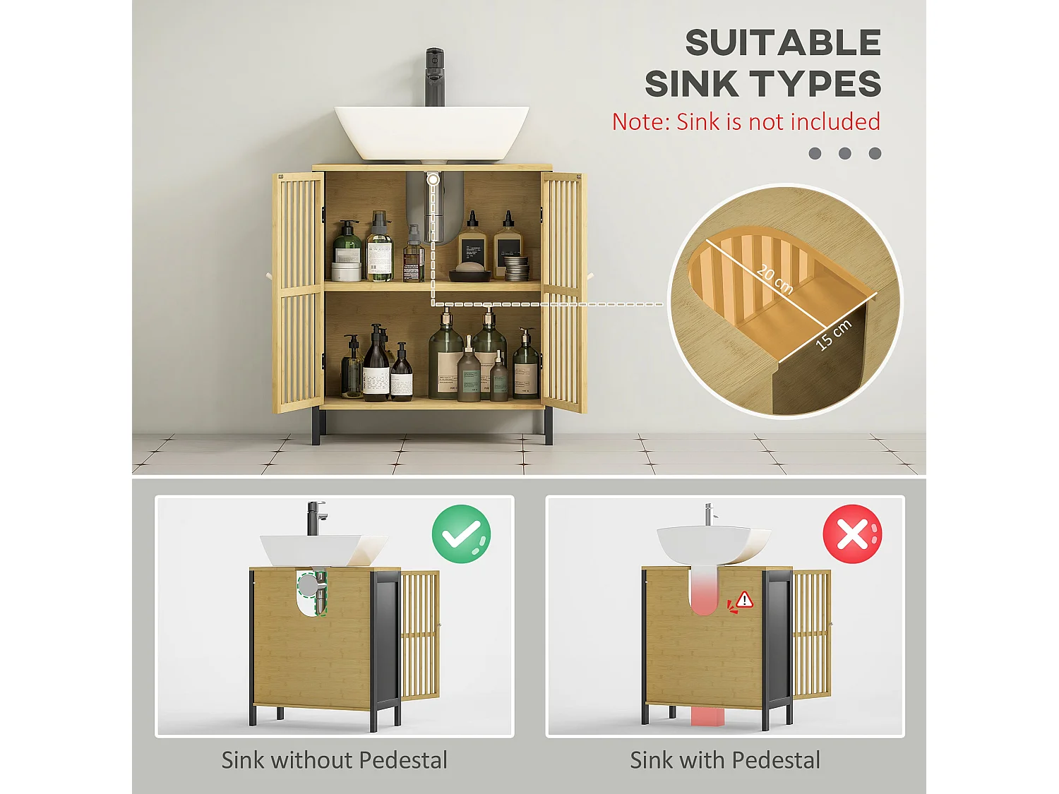 Rotove Bamboo Style Under Sink Bathroom Cabinet with Cut Out Front 60x30x70cm