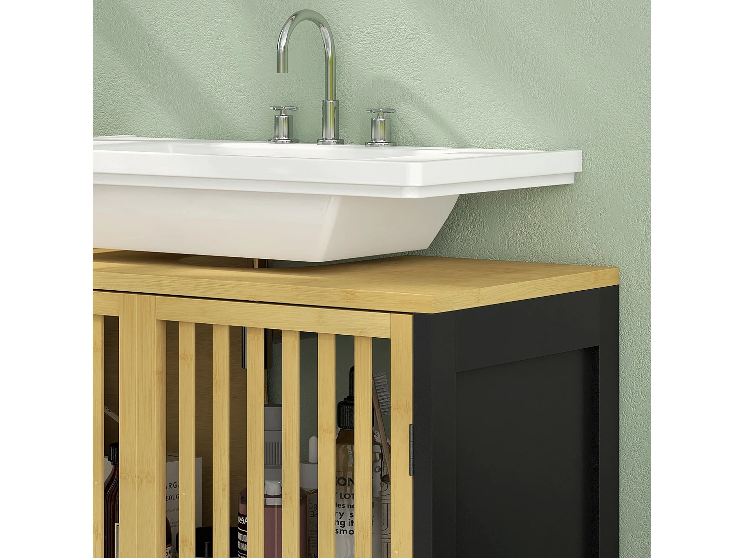 Rotove Bamboo Style Under Sink Bathroom Cabinet with Cut Out Front 60x30x70cm
