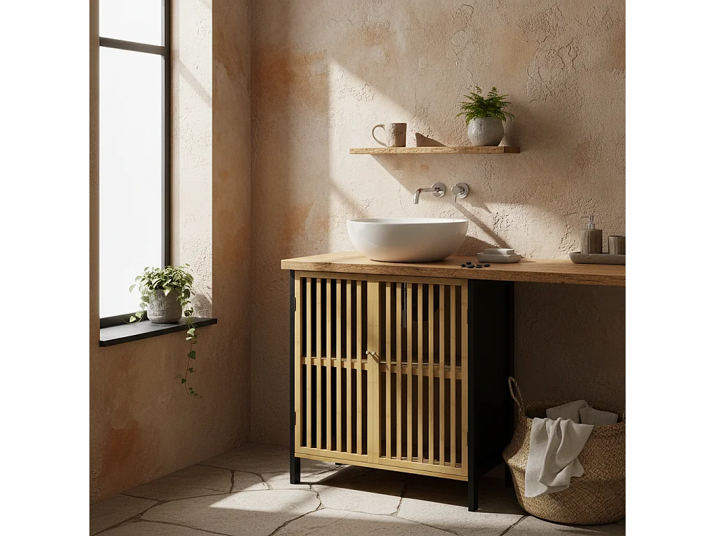 Rotove Bamboo Style Under Sink Bathroom Cabinet with Cut Out Front 60x30x70cm