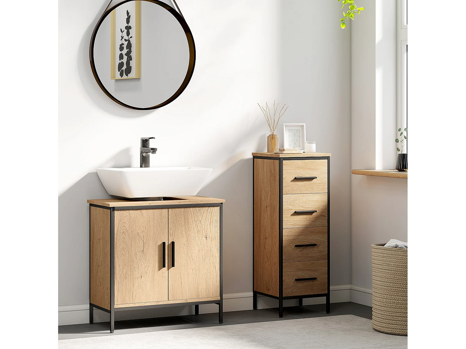 Mosu Oak Effect Under Sink Vanity Unit with Double Doors and Adjustable Shelves