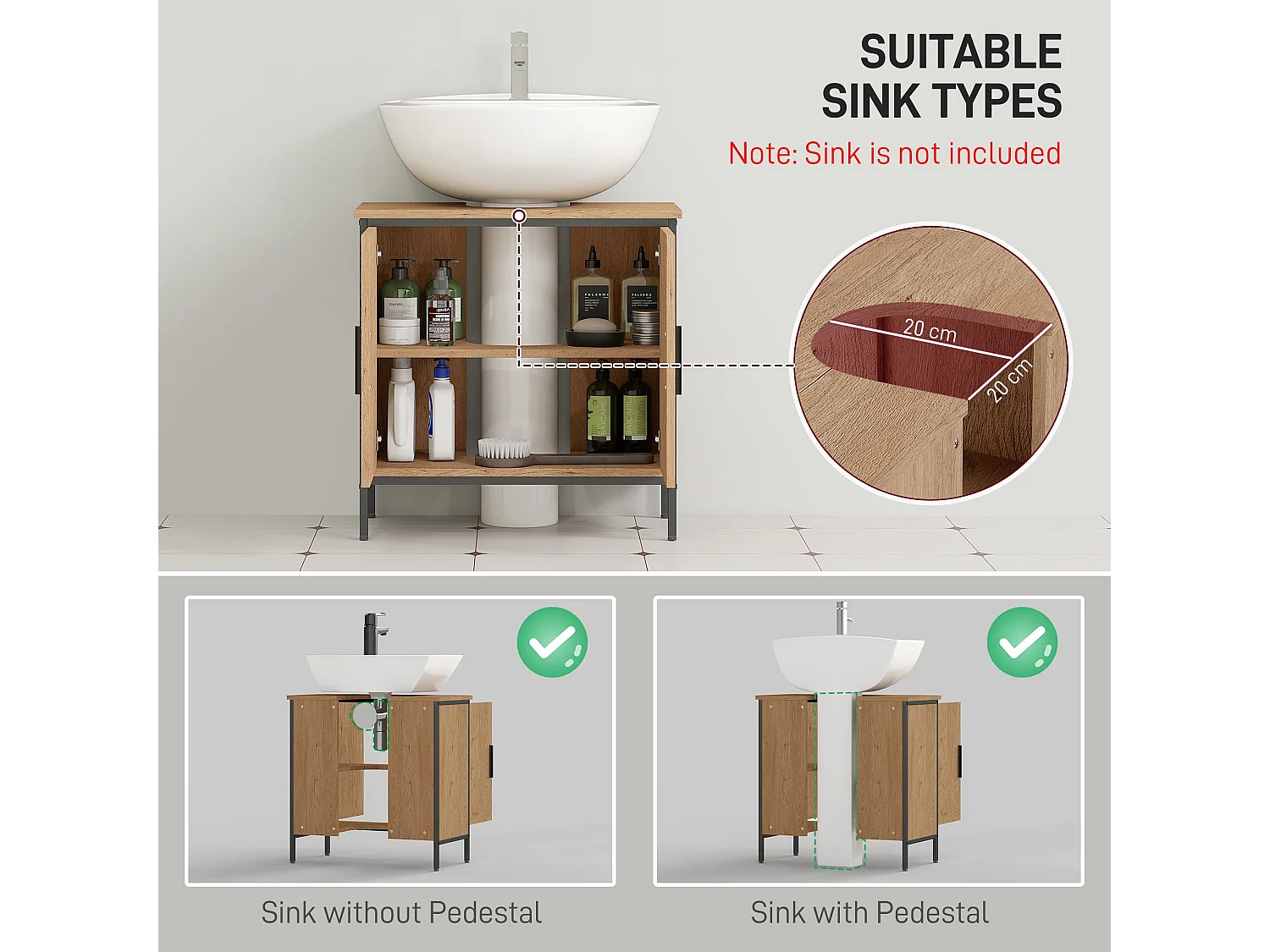 Mosu Oak Effect Under Sink Vanity Unit with Double Doors and Adjustable Shelves