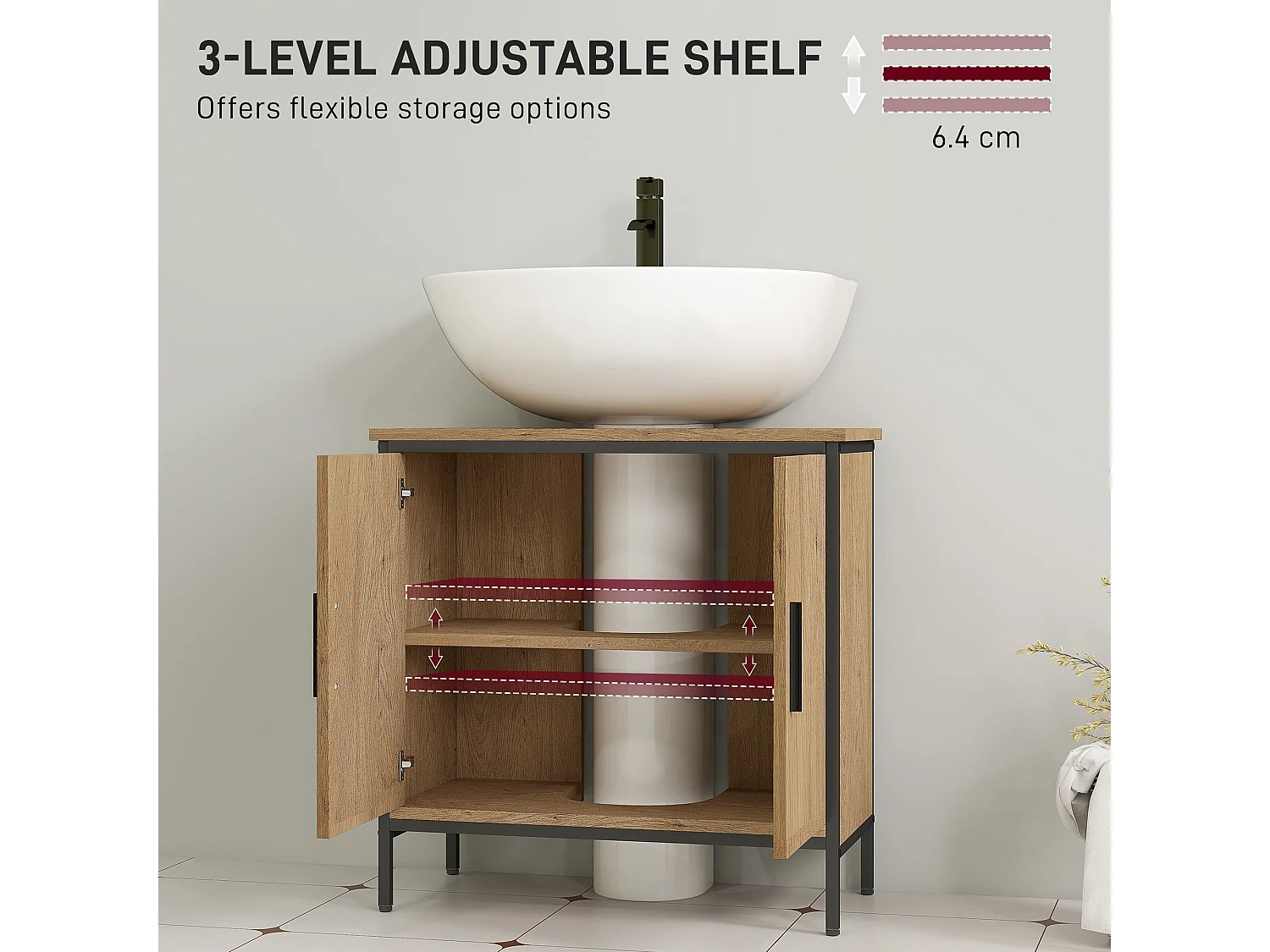 Mosu Oak Effect Under Sink Vanity Unit with Double Doors and Adjustable Shelves