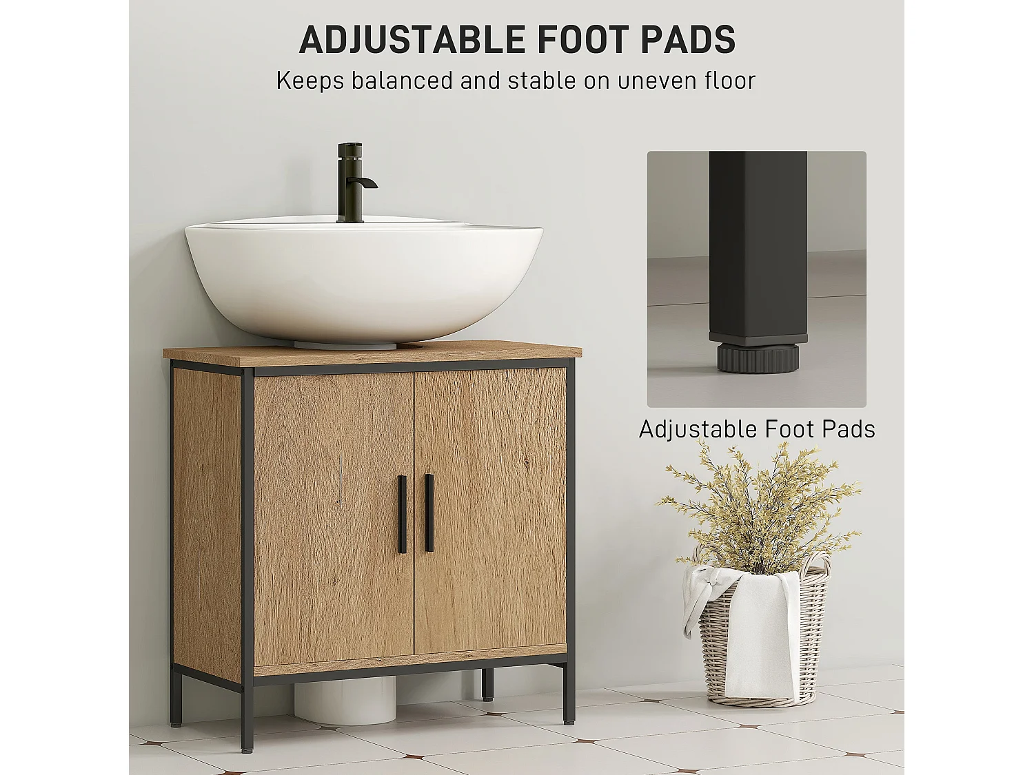 Mosu Oak Effect Under Sink Vanity Unit with Double Doors and Adjustable Shelves