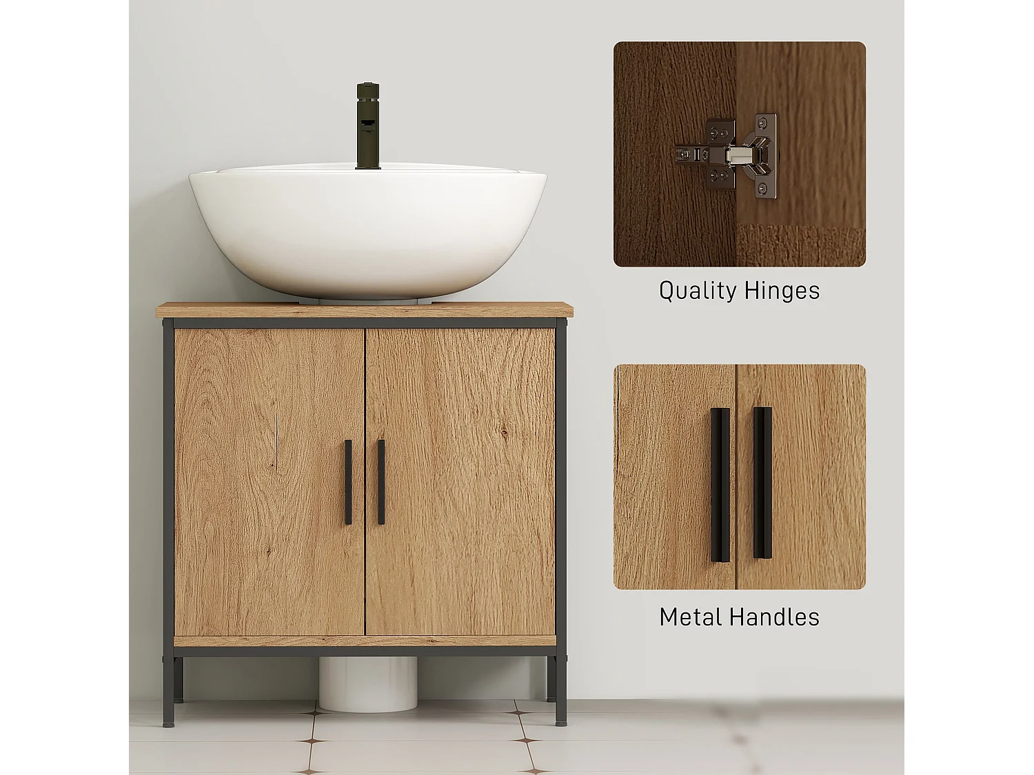 Mosu Oak Effect Under Sink Vanity Unit with Double Doors and Adjustable Shelves