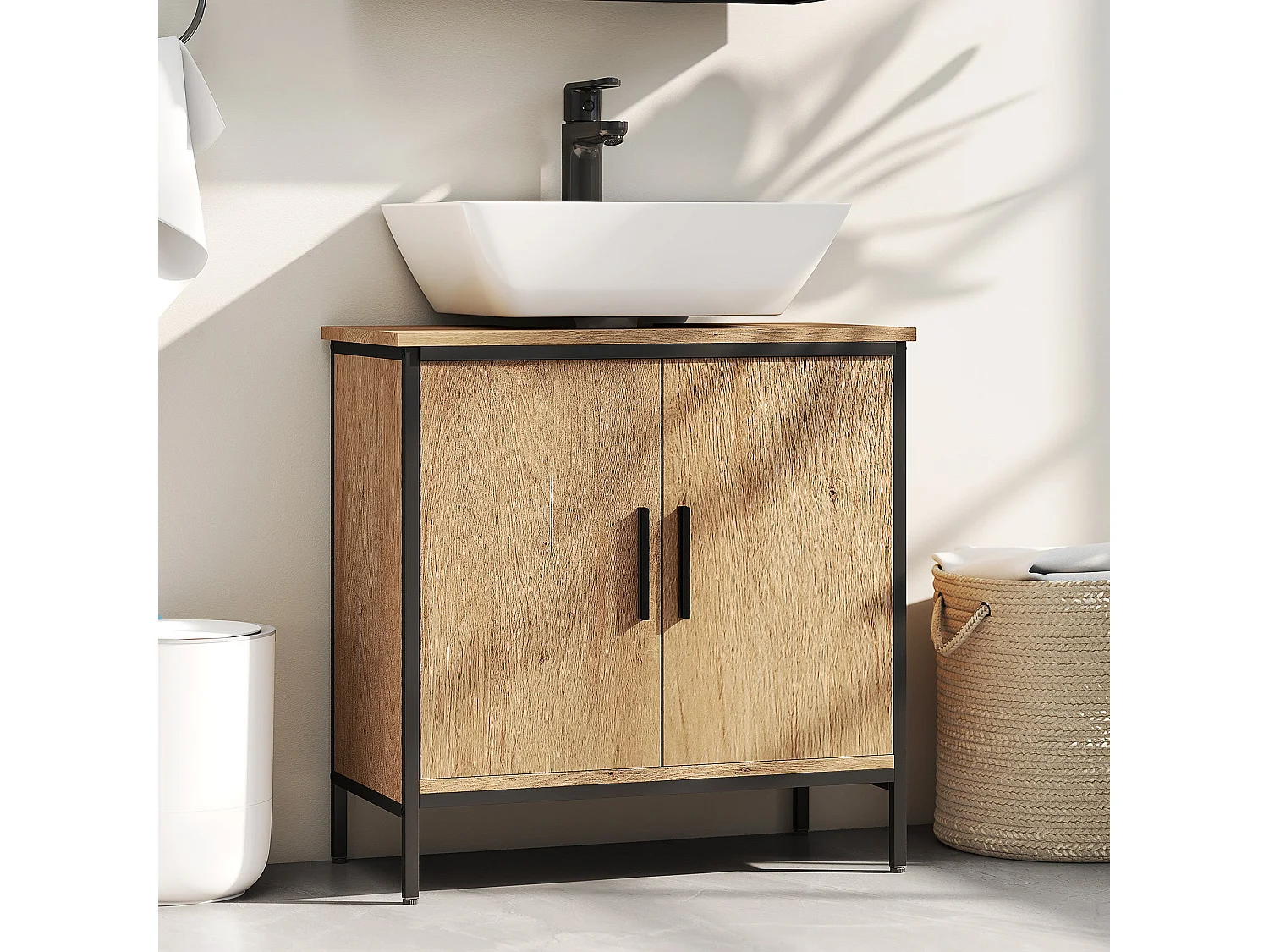 Mosu Oak Effect Under Sink Vanity Unit with Double Doors and Adjustable Shelves