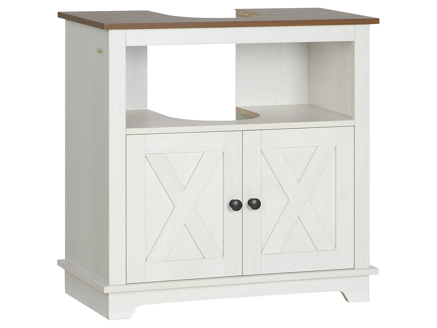Venole White Under Sink Vanity Cabinet with Brown Top Double Doors and Internal Shelf 60x30x60cm