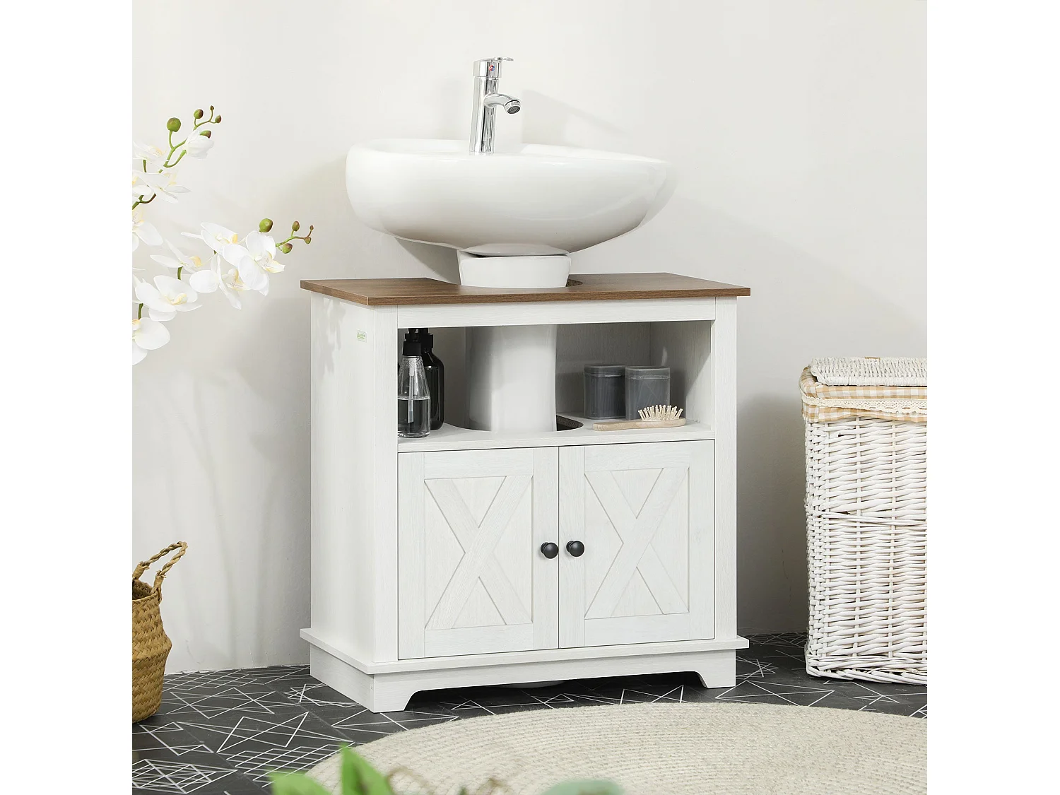 Venole White Under Sink Vanity Cabinet with Brown Top Double Doors and Internal Shelf 60x30x60cm