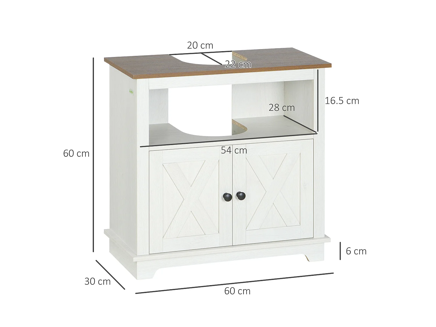 Venole White Under Sink Vanity Cabinet with Brown Top Double Doors and Internal Shelf 60x30x60cm