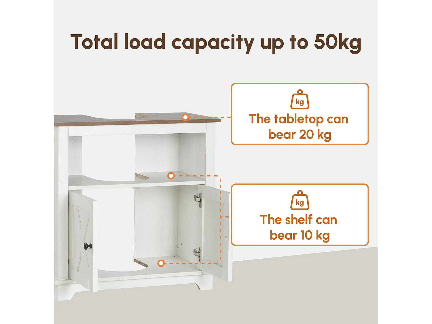 Venole White Under Sink Vanity Cabinet with Brown Top Double Doors and Internal Shelf 60x30x60cm