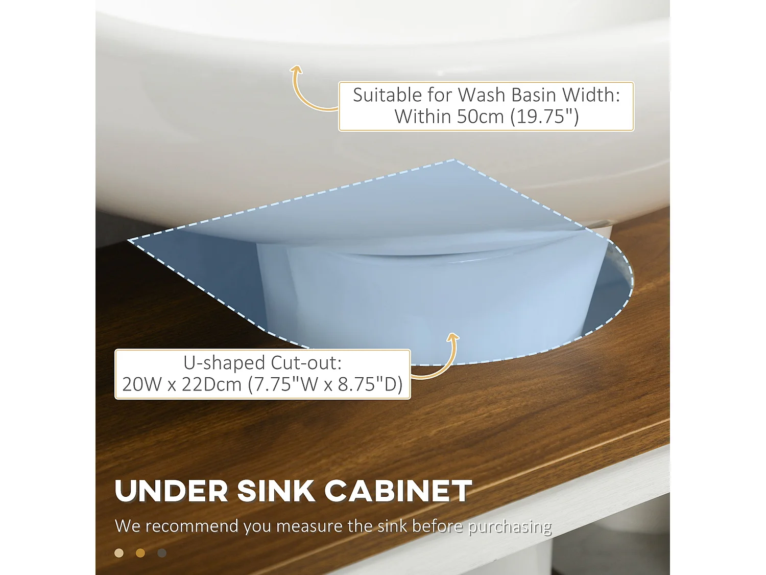 Venole White Under Sink Vanity Cabinet with Brown Top Double Doors and Internal Shelf 60x30x60cm