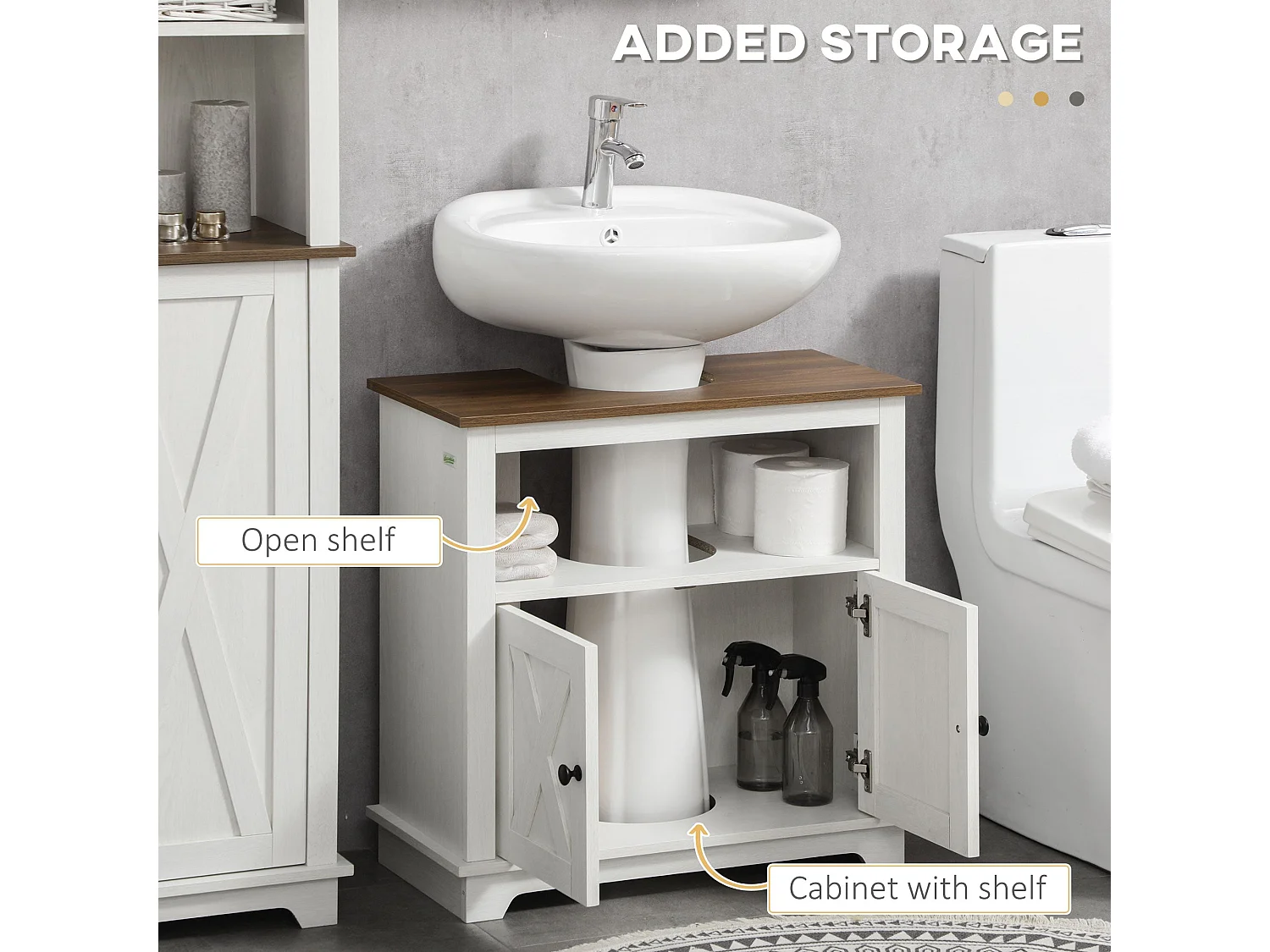 Venole White Under Sink Vanity Cabinet with Brown Top Double Doors and Internal Shelf 60x30x60cm