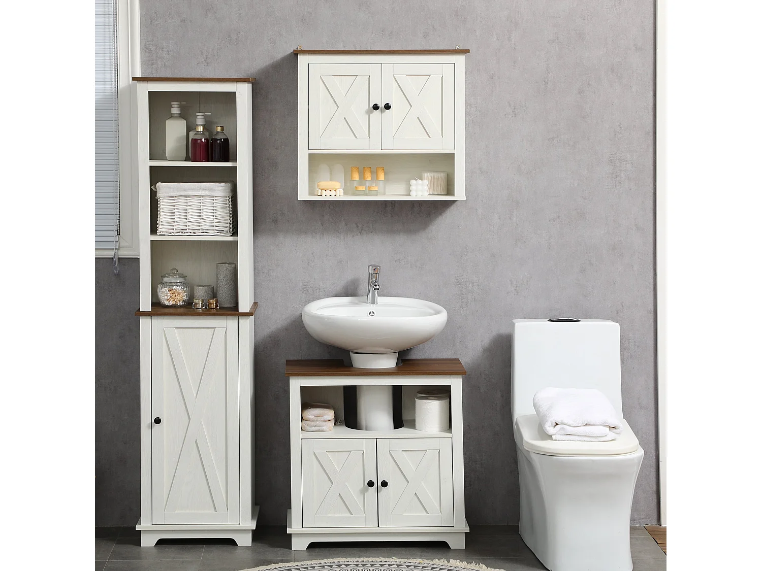 Venole White Under Sink Vanity Cabinet with Brown Top Double Doors and Internal Shelf 60x30x60cm