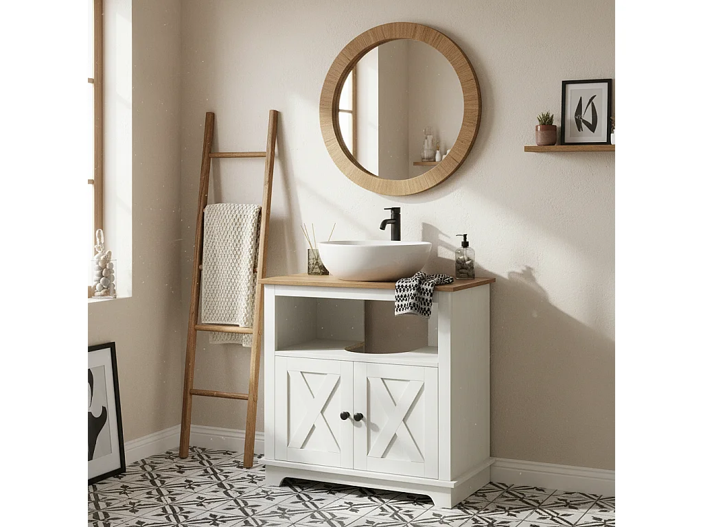 Venole White Under Sink Vanity Cabinet with Brown Top Double Doors and Internal Shelf 60x30x60cm