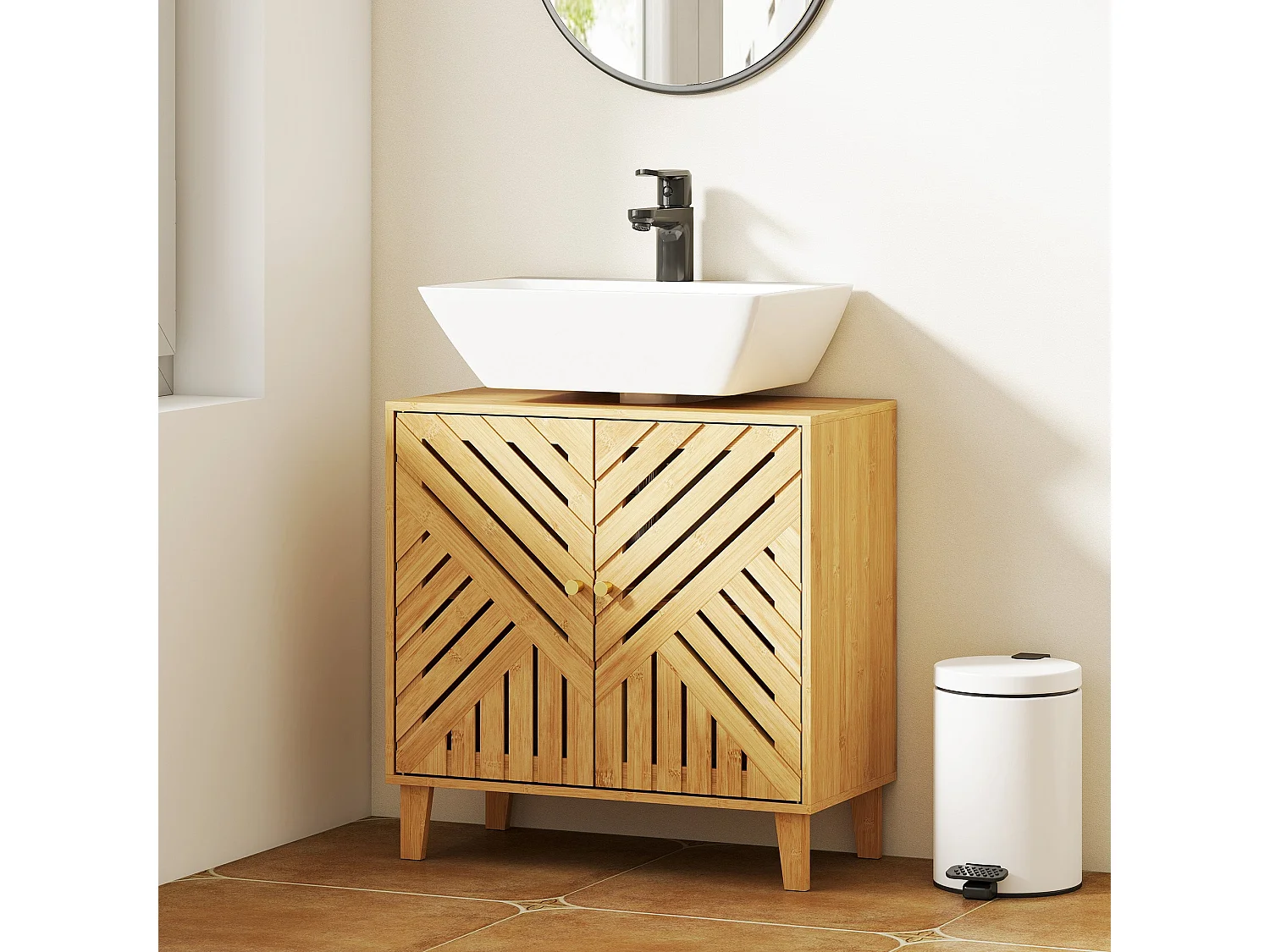 Limifi Bamboo Under Sink Cabinet with Adjustable Shelves Natural Finish