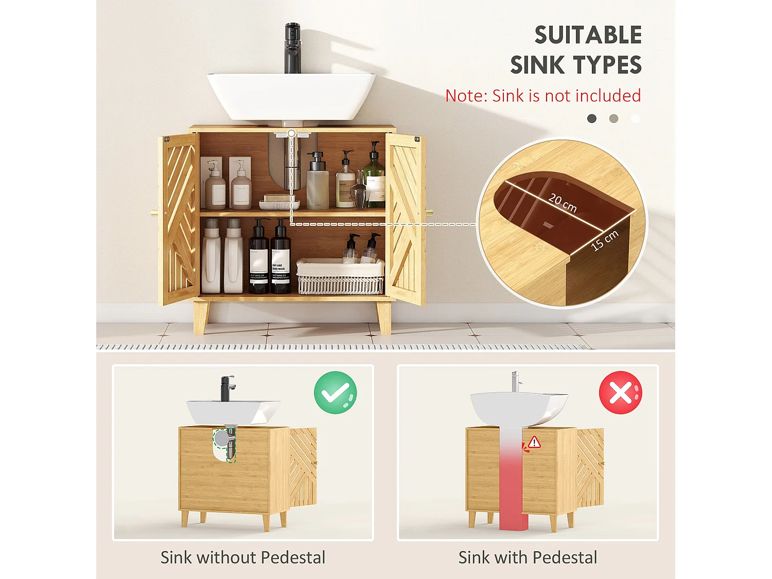 Limifi Bamboo Under Sink Cabinet with Adjustable Shelves Natural Finish
