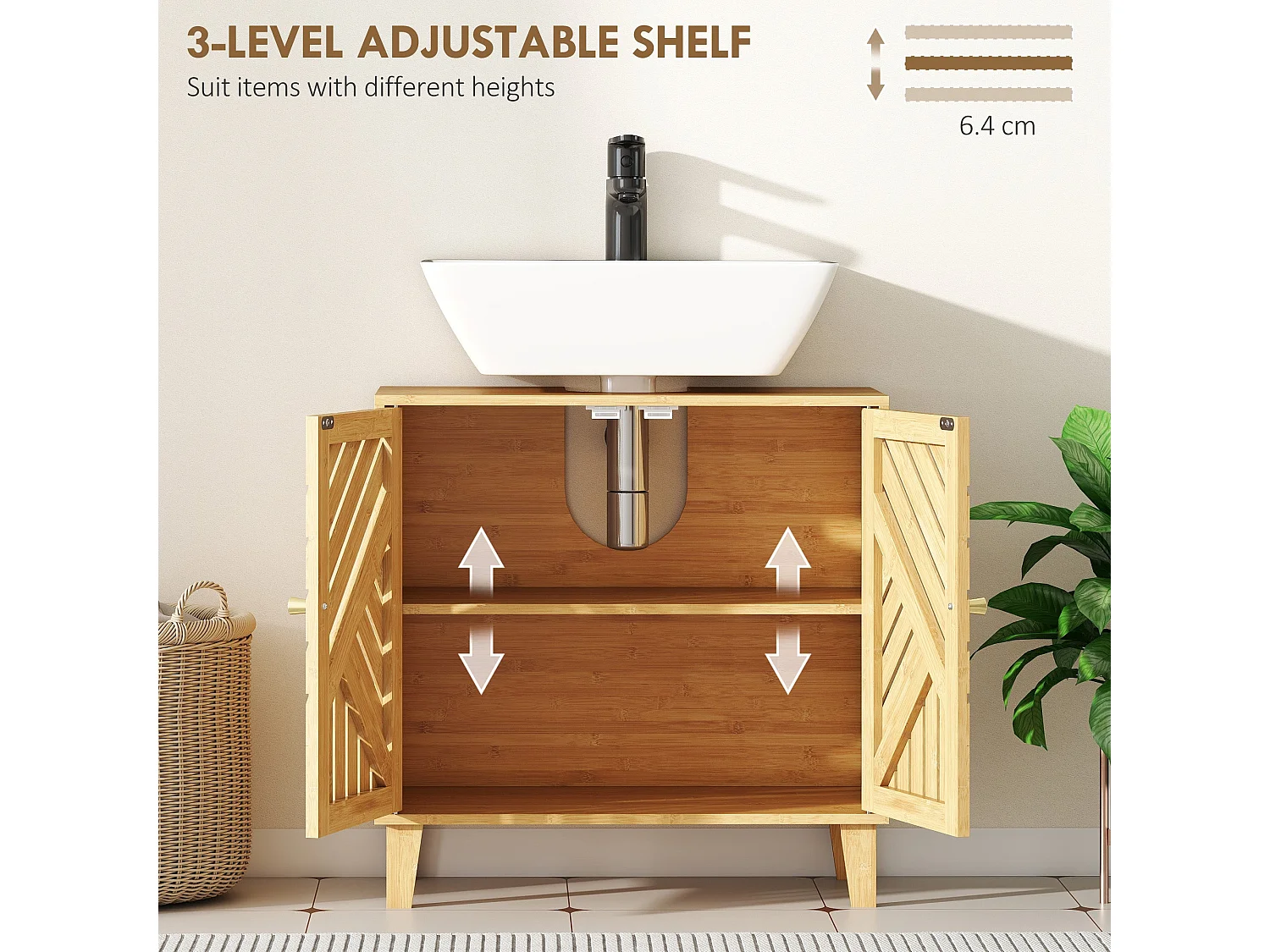 Limifi Bamboo Under Sink Cabinet with Adjustable Shelves Natural Finish