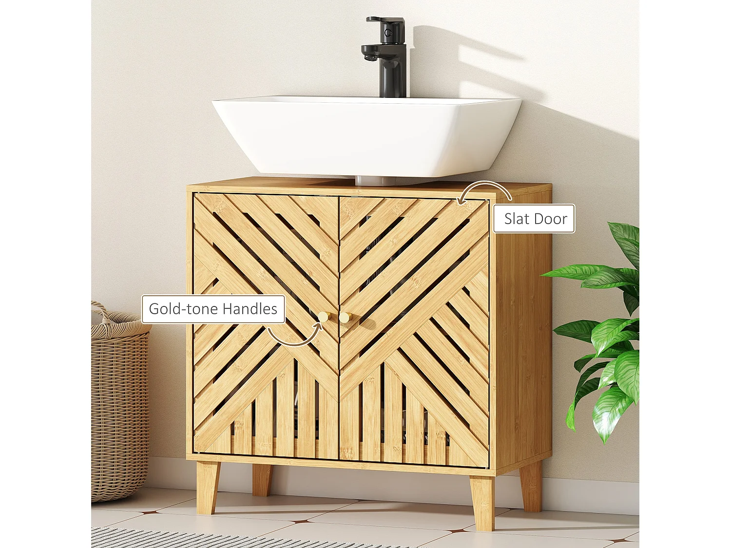 Limifi Bamboo Under Sink Cabinet with Adjustable Shelves Natural Finish