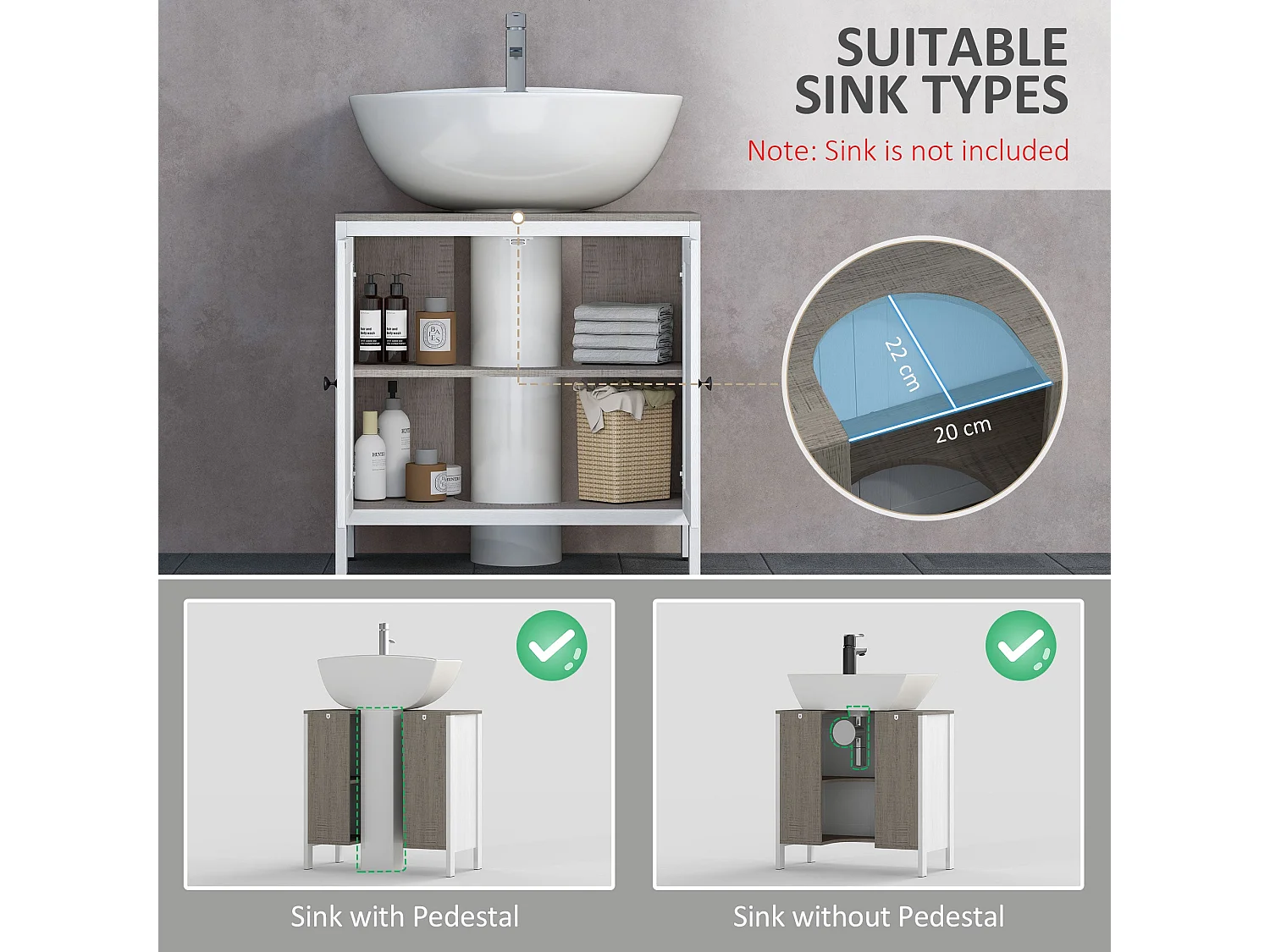 Narile Antique White Under Sink Cabinet with Double Doors and Adjustable Shelf