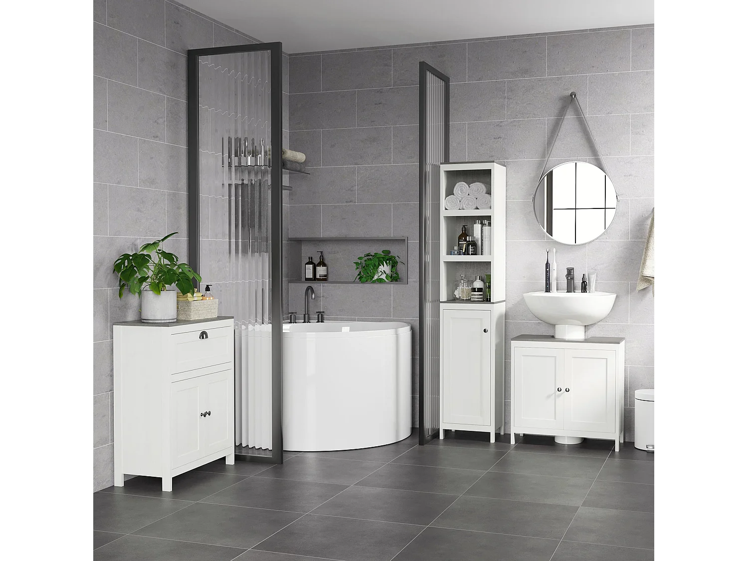 Narile Antique White Under Sink Cabinet with Double Doors and Adjustable Shelf