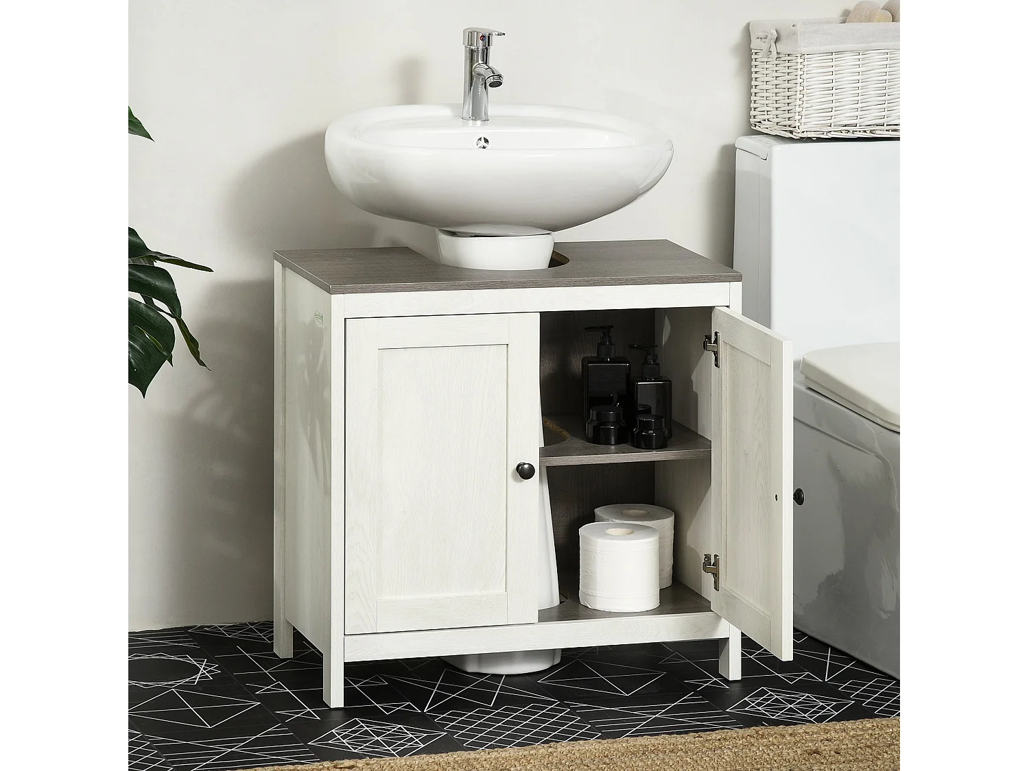Narile Antique White Under Sink Cabinet with Double Doors and Adjustable Shelf