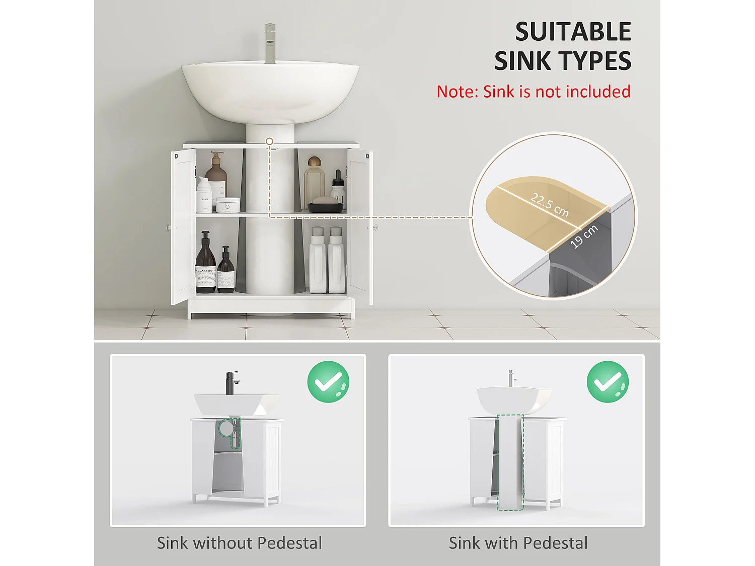 Neha Under Sink Bathroom Vanity Storage Unit 60x30x60cm White