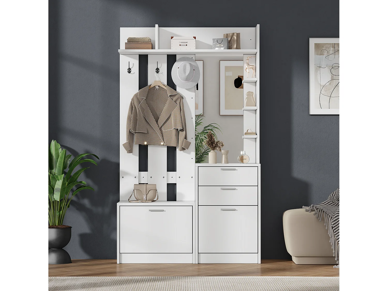 Eingangsgarderobe-Set - mit 2 Schubladen und 2 klappbaren Schuhschränken - 3 Haken und 1 Spiegel - MDF - Weiß