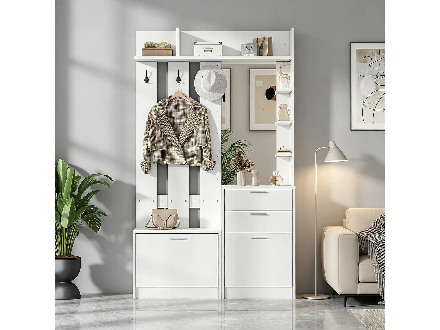 Eingangsgarderobe-Set - mit 2 Schubladen und 2 klappbaren Schuhschränken - 3 Haken und 1 Spiegel - MDF - Weiß