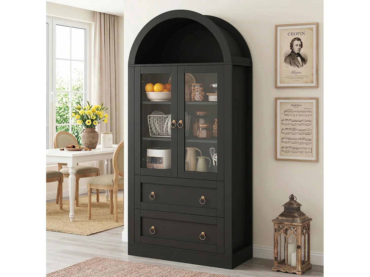 Buffet de cuisine 80x36x170 cm - avec 2 tiroirs et 2 portes vitrées - idéal pour la cuisine et le salon - Noir