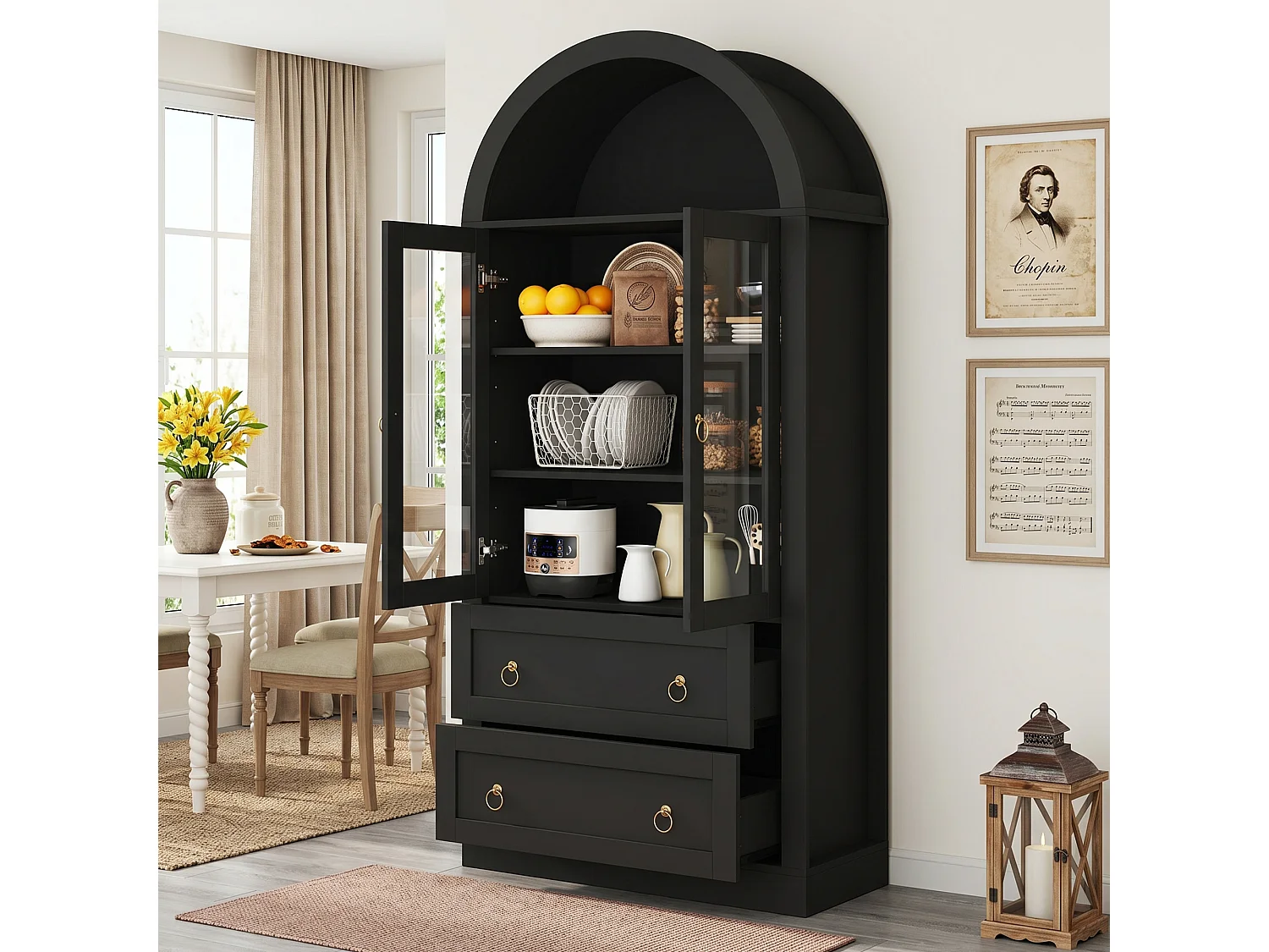 Buffet de cuisine 80x36x170 cm - avec 2 tiroirs et 2 portes vitrées - idéal pour la cuisine et le salon - Noir