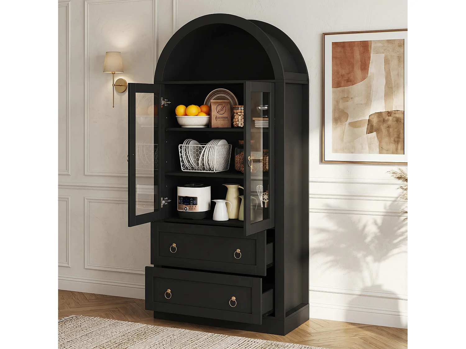 Buffet de cuisine 80x36x170 cm - avec 2 tiroirs et 2 portes vitrées - idéal pour la cuisine et le salon - Noir