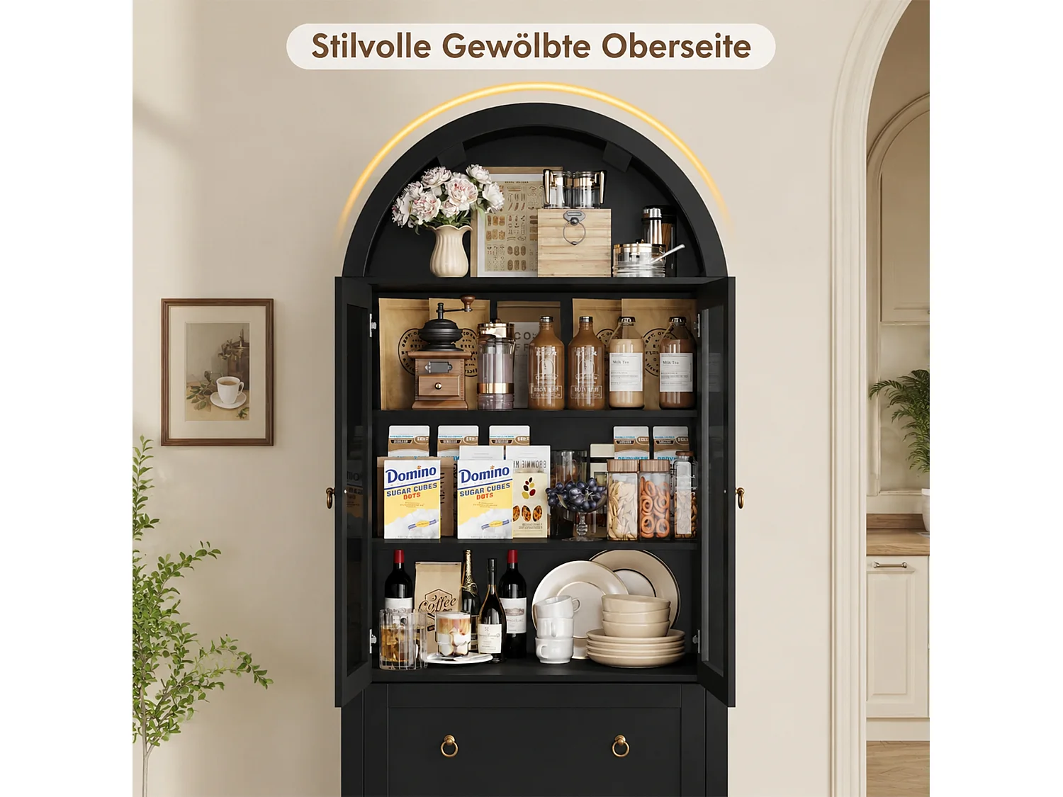 Buffet de cuisine 80x36x170 cm - avec 2 tiroirs et 2 portes vitrées - idéal pour la cuisine et le salon - Noir