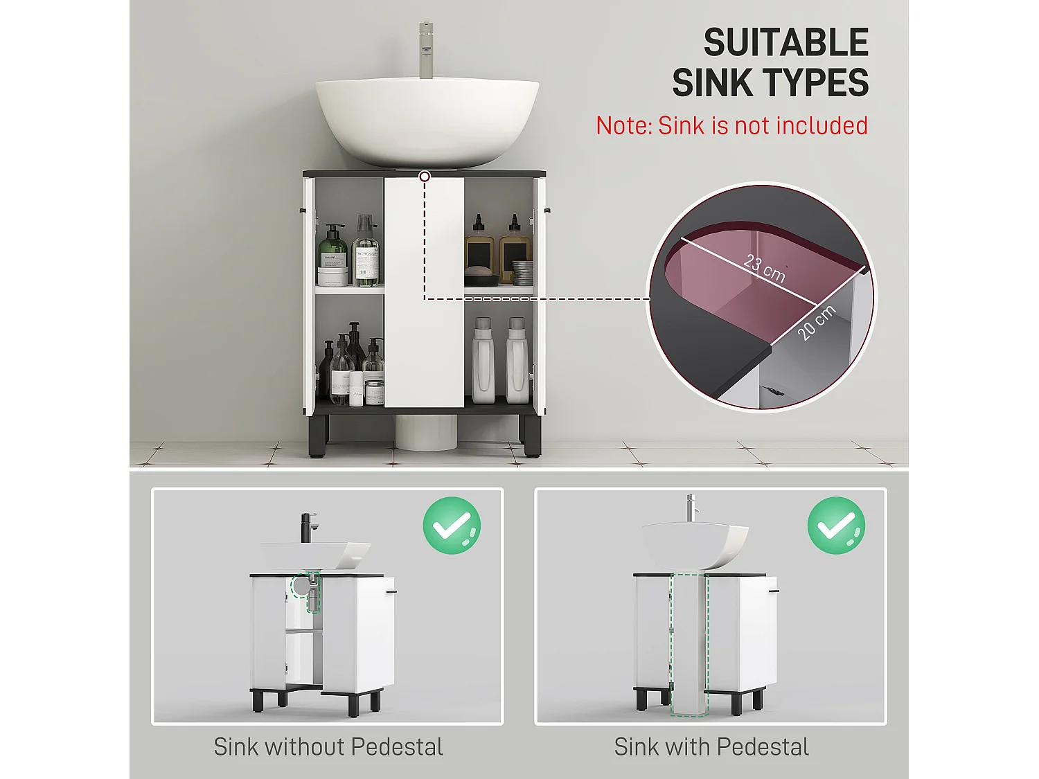 Karesala High Gloss White Under Sink Bathroom Storage Cabinet 60x34x70cm